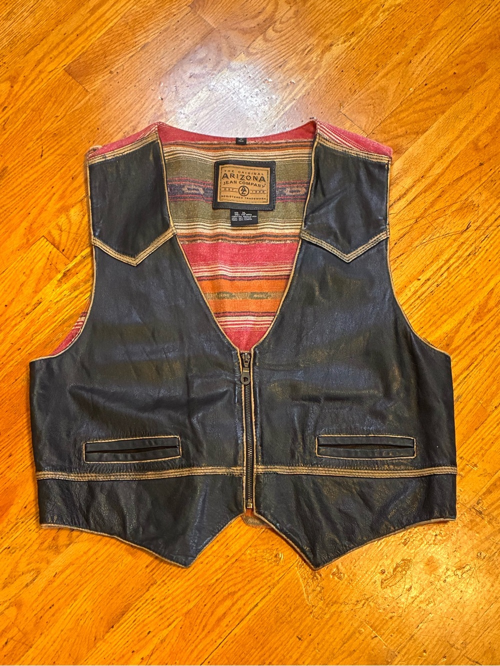 ARIZONA JEAN CO. Dark Brown/Black Leather Aztec Serape Lined Vest Men's Sz. XL